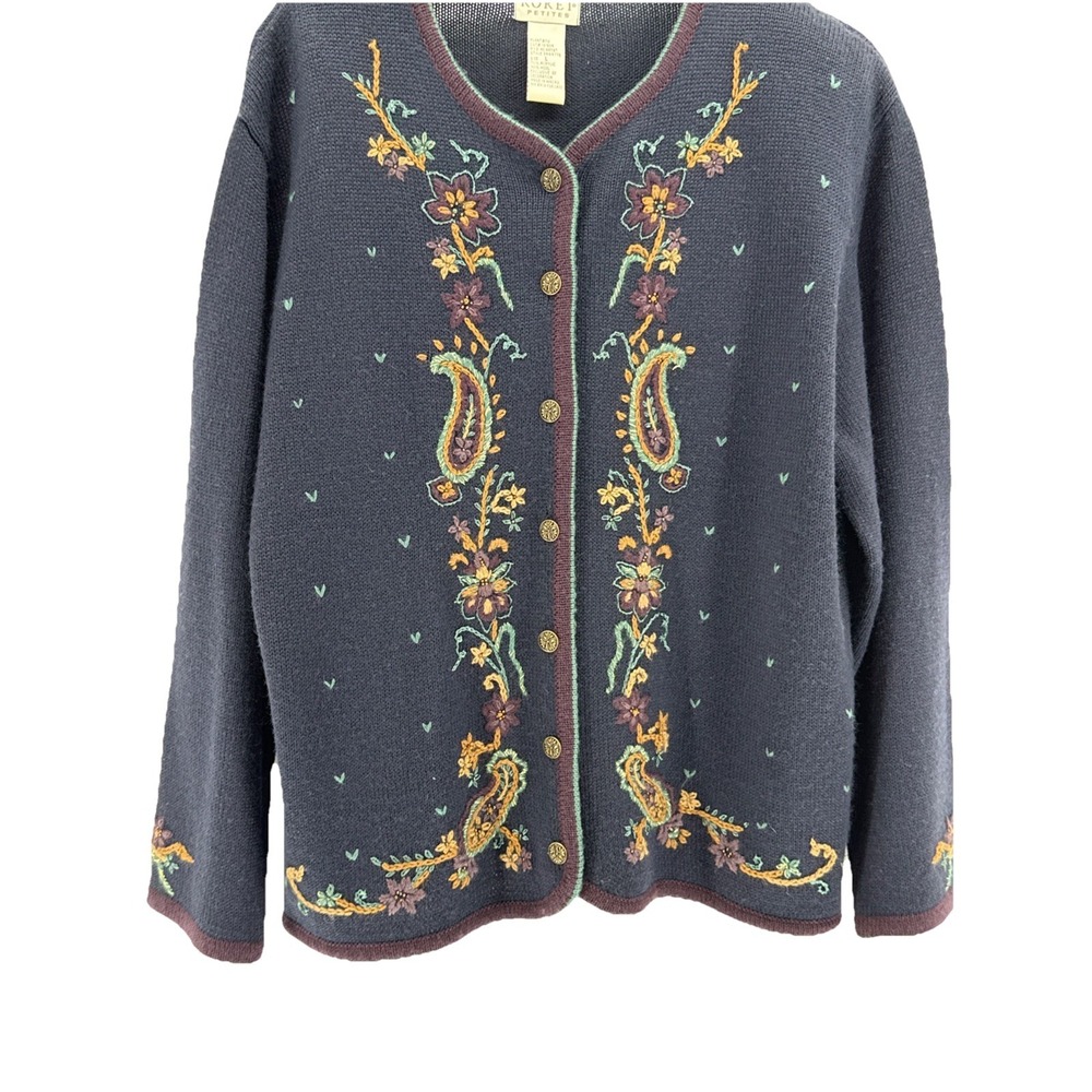 Vintage 90s Koret  Wool Blend Cottage Core Sweater Cardigan- Large‎ Petite Blue